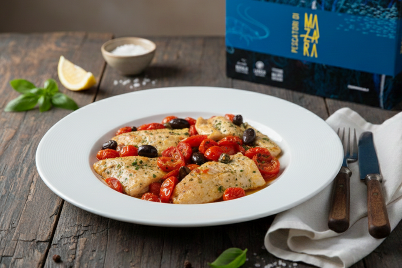 Merluzzo al forno con pomodorini, olive e capperi