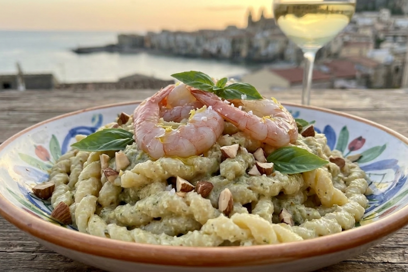 Busiate Trapanesi al pesto di mandorle e crudo di Gambero Rosa