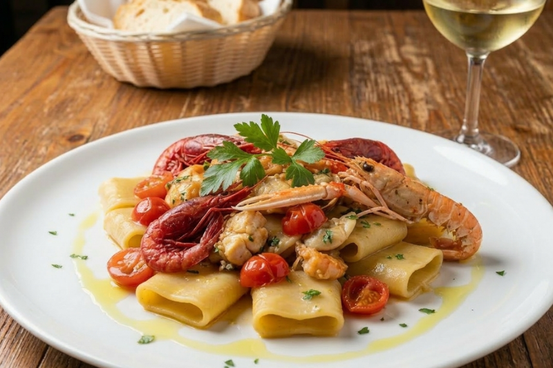 Paccheri con gambero rosso, scampi e rana pescatrice